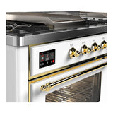 ILVE UM60FSNR3WHGLP Majestic III 60 inch Dual Fuel Range with 7 Burners, Griddle and French Top, Dual Function Burner with up to 25,000 BTU (Liquid Propane, Triple Glass Door, White, Brass)