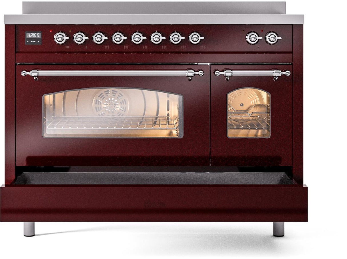 Nostalgie II 48 Inch Electric Freestanding Range in Burgundy with Chrome Trim