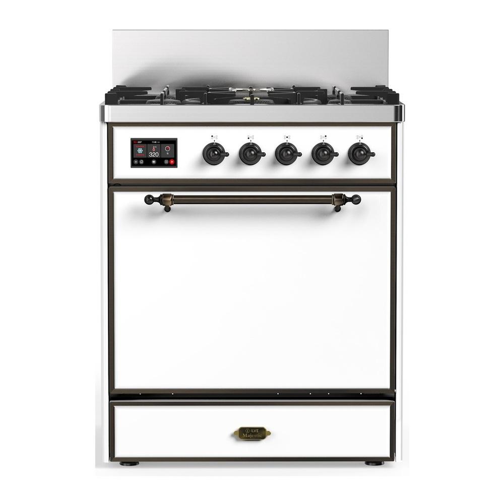 ILVE UM30QNR3WHBLP Majestic III 30 inch Dual Fuel Range with 5 Black Brass Burners, Dual Function Burner up to 25,000 BTU (Liquid Propane, Solid Door, White, Burnished)