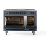 ILVE UN48FSQNMPBGBLP Nostalgie II Noblesse 48 inch Dual Fuel Range (5 Sealed Burners + Griddle + French Top, Liquid Propane, Solid Door, Blue Grey, Burnished)