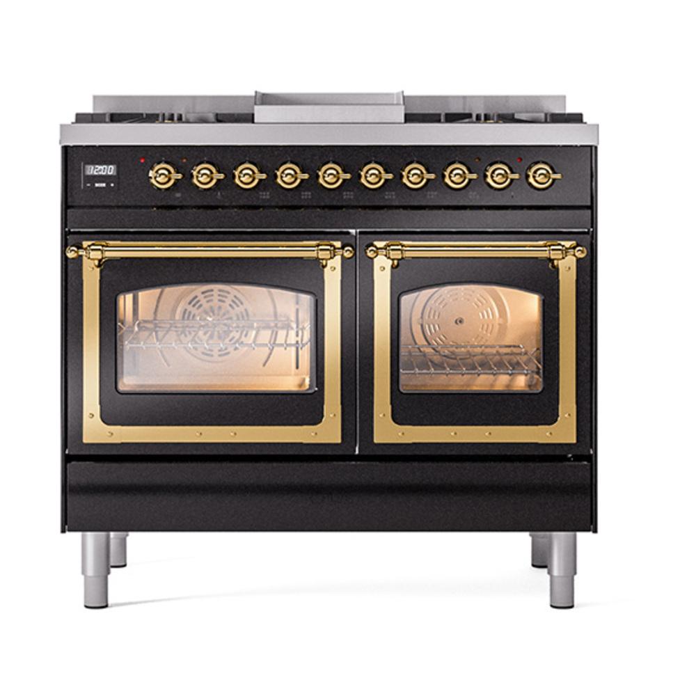 ILVE UND40FNMPBKG Nostalgie II Noblesse 40 inch Dual Fuel Range (Natural Gas, Triple Glass Door, Glossy Black, Brass)