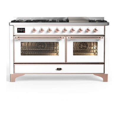 ILVE UM60FNR3WHPLP Majestic III 60 inch Dual Fuel Range with 9 Burners and Griddle, Dual Function Burner up to 25,000 BTU (Liquid Propane, Triple Glass Door, White, Copper)