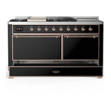 ILVE UM60FSQNR3BKP Majestic III 60 inch Dual Fuel Range with 7 Burners, Griddle and French Top, Dual Function Burner with up to 25,000 BTU (Natural Gas, Solid Door, Glossy Black, Copper)