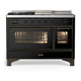 ILVE UM48FSNR3BKB Majestic III 48 inch Dual Fuel Range with 5 Black Brass Burners, Griddle and French Top, Dual Function Burner up to 25,000 BTU (Natural Gas, Triple Glass Door, Glossy Black, Burnished)