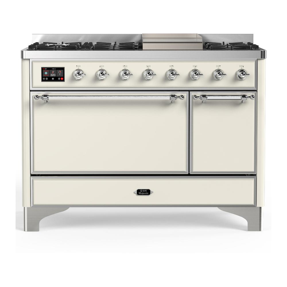 ILVE UM48FQNR3AWC Majestic III 48 inch Dual Fuel Range with 8 Burners and Griddle, Dual Function Burner up to 25,000 BTU (Natural Gas, Solid Door, Antique White, Chrome)