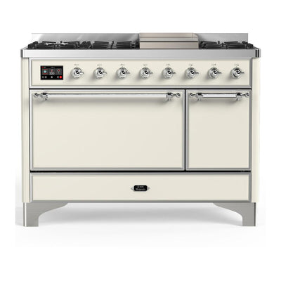 ILVE UM48FQNR3AWC Majestic III 48 inch Dual Fuel Range with 8 Burners and Griddle, Dual Function Burner up to 25,000 BTU (Natural Gas, Solid Door, Antique White, Chrome)