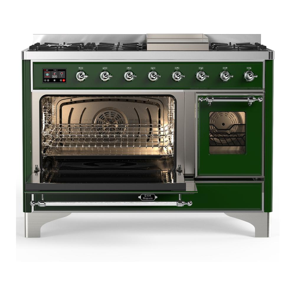 ILVE UM48FNR3EGCLP Majestic III 48 inch Dual Fuel Range with 8 Burners and Griddle, Dual Function Burner up to 25,000 BTU (Liquid Propane, Triple Glass Door, Emerald Green, Chrome)