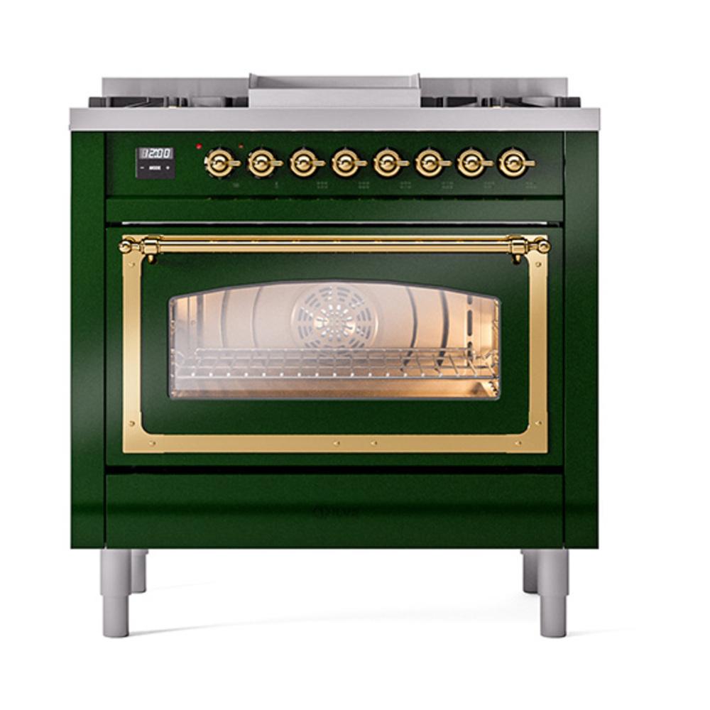 ILVE UN36FNMPEGGLP Nostalgie II Noblesse 36 inch Dual Fuel Range (Liquid Propane, Triple Glass Door, Emerald Green, Brass)