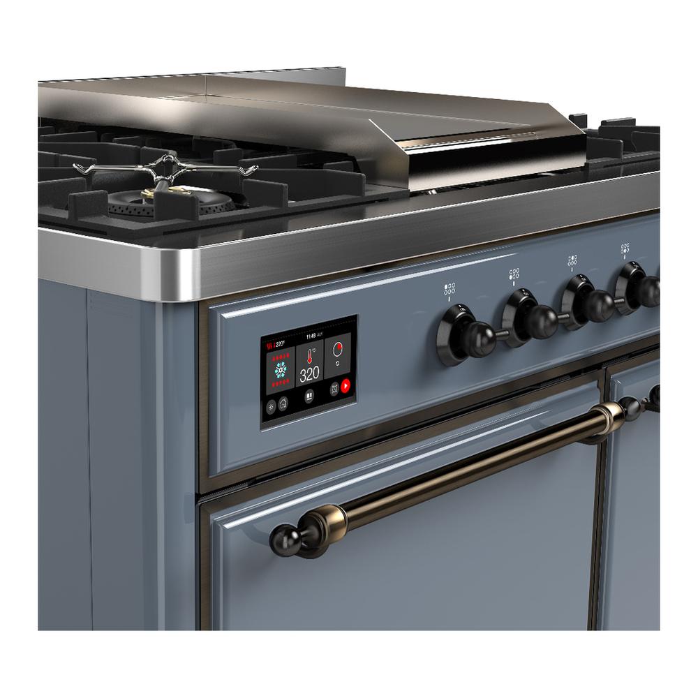 ILVE UMD40FQNR3BGB Majestic III 40 inch Dual Fuel Range with 6 Burners and Griddle, Dual Function Burner up to 25,000 BTU (Natural Gas, Solid Door, Blue Grey, Burnished)