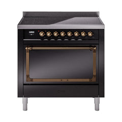 ILVE UNI366QNMPBKB Nostalgie II Noblesse 36 inch Induction Range (Solid Door, Glossy Black, Burnished)