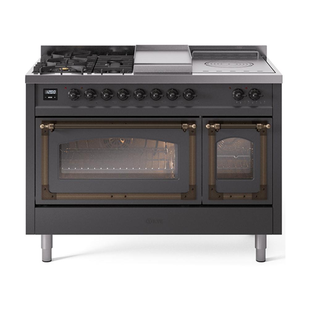 ILVE UN48FSNMPMGB Nostalgie II Noblesse 48 inch Dual Fuel Range (5 Sealed Burners + Griddle + French Top, Natural Gas, Triple Glass Door, Graphite Matte, Burnished)