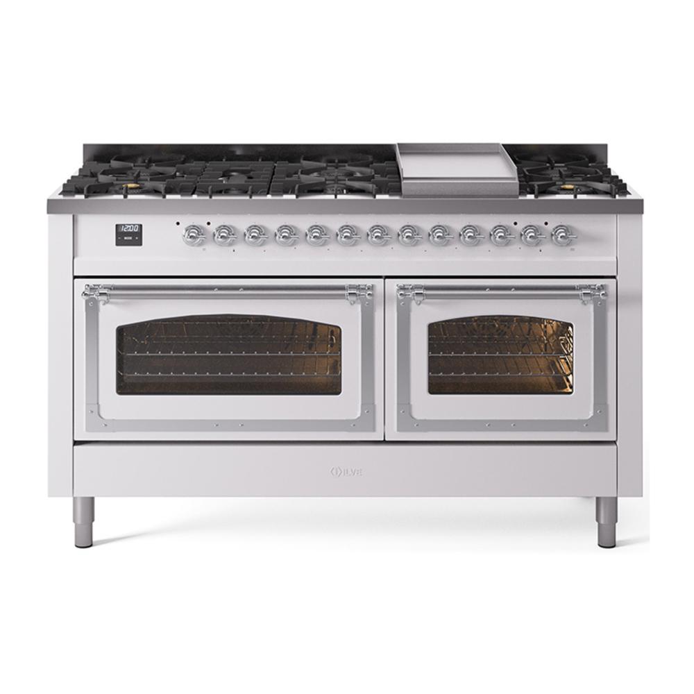 ILVE UN60FNMPWHCLP Nostalgie II Noblesse 60 inch Dual Fuel Range (9 Sealed Burners + Griddle, Liquid Propane, Triple Glass Door, White, Chrome)
