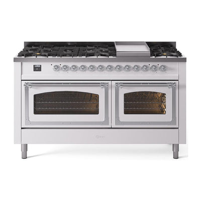 ILVE UN60FNMPWHCLP Nostalgie II Noblesse 60 inch Dual Fuel Range (9 Sealed Burners + Griddle, Liquid Propane, Triple Glass Door, White, Chrome)