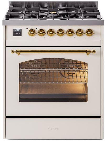 Nostalgie II 30 Inch Dual Fuel Liquid Propane Freestanding Range in Antique White with Brass Trim