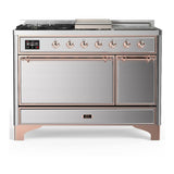 ILVE UM48FSQNR3SSPLP Majestic III 48 inch Dual Fuel Range with 5 Black Brass Burners, Griddle and French Top, Dual Function Burner up to 25,000 BTU (Liquid Propane, Solid Door, Stainless Steel, Copper)