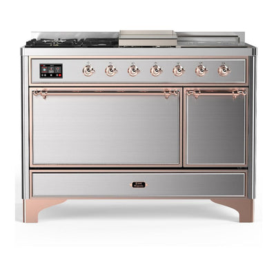ILVE UM48FSQNR3SSPLP Majestic III 48 inch Dual Fuel Range with 5 Black Brass Burners, Griddle and French Top, Dual Function Burner up to 25,000 BTU (Liquid Propane, Solid Door, Stainless Steel, Copper)