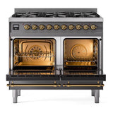 ILVE UPD406NMPMGG Nostalgie II 40 inch Dual Fuel Range with 6 Total Black Brass Burners, Brass Trim (Limited Edition) (Natural Gas, Graphite Matte)