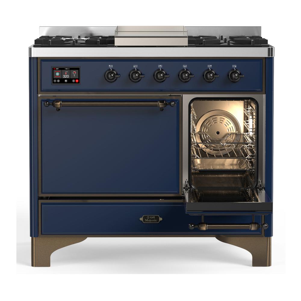 ILVE UMD40FQNR3MBB Majestic III 40 inch Dual Fuel Range with 6 Burners and Griddle, Dual Function Burner up to 25,000 BTU (Natural Gas, Solid Door, Midnight Blue, Burnished)