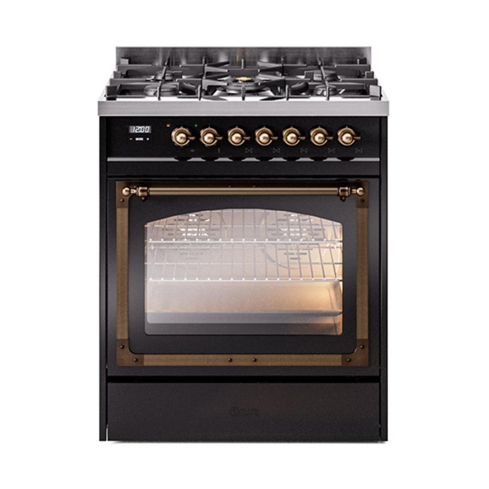 ILVE UN30NMPBKB Nostalgie II Noblesse 30 inch Dual Fuel Range (Natural Gas, Triple Glass Door, Glossy Black, Burnished)