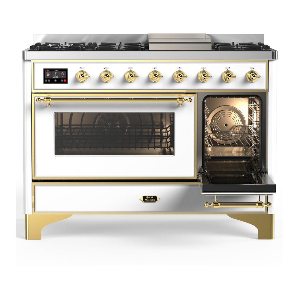 ILVE UM48FNR3WHGLP Majestic III 48 inch Dual Fuel Range with 8 Burners and Griddle, Dual Function Burner up to 25,000 BTU (Liquid Propane, Triple Glass Door, White, Brass)