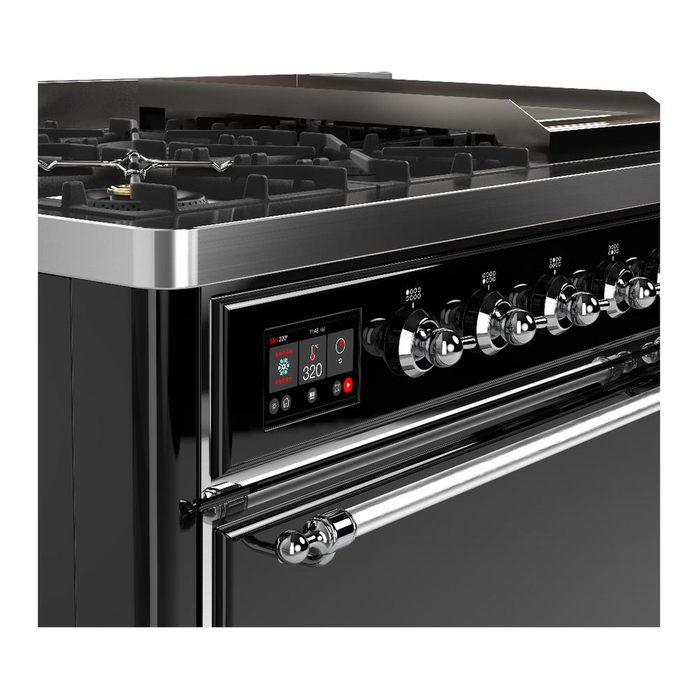 ILVE UM48FQNR3BKC Majestic III 48 inch Dual Fuel Range with 8 Burners and Griddle, Dual Function Burner up to 25,000 BTU (Natural Gas, Solid Door, Glossy Black, Chrome)