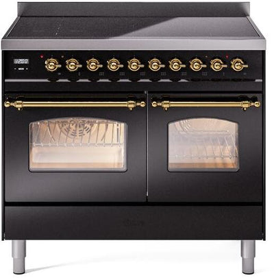 Nostalgie II 40 Inch Electric Freestanding Range in Glossy Black with Brass Trim