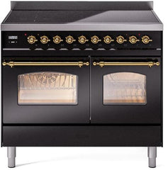 Nostalgie II 40 Inch Electric Freestanding Range in Glossy Black with Brass Trim