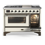 ILVE UM48FNR3AWBLP Majestic III 48 inch Dual Fuel Range with 8 Burners and Griddle, Dual Function Burner up to 25,000 BTU (Liquid Propane, Triple Glass Door, Antique White, Burnished)