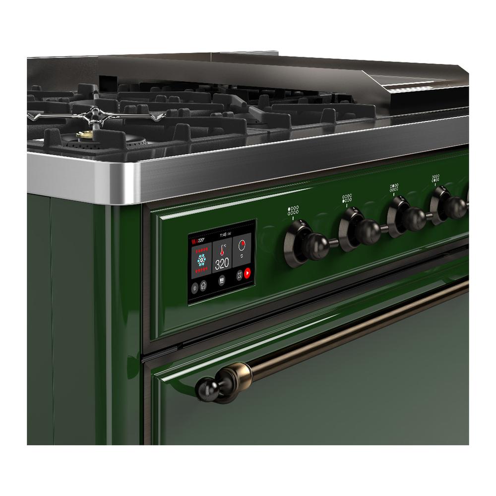 ILVE UM48FQNR3EGB Majestic III 48 inch Dual Fuel Range with 8 Burners and Griddle, Dual Function Burner up to 25,000 BTU (Natural Gas, Solid Door, Emerald Green, Burnished)