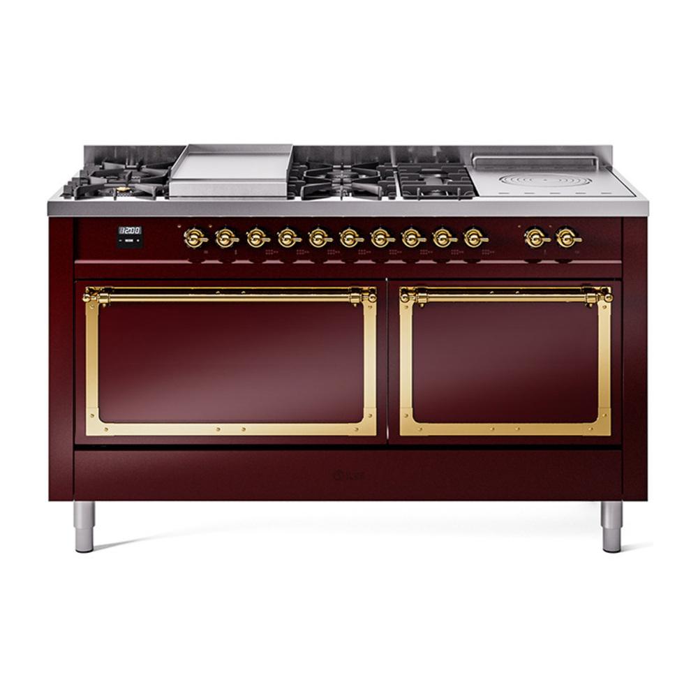 ILVE UN60FSQNMPBUG Nostalgie II Noblesse 60 inch Dual Fuel Range (7 Sealed Burners + Griddle + French Top, Natural Gas, Solid Door, Burgundy, Brass)