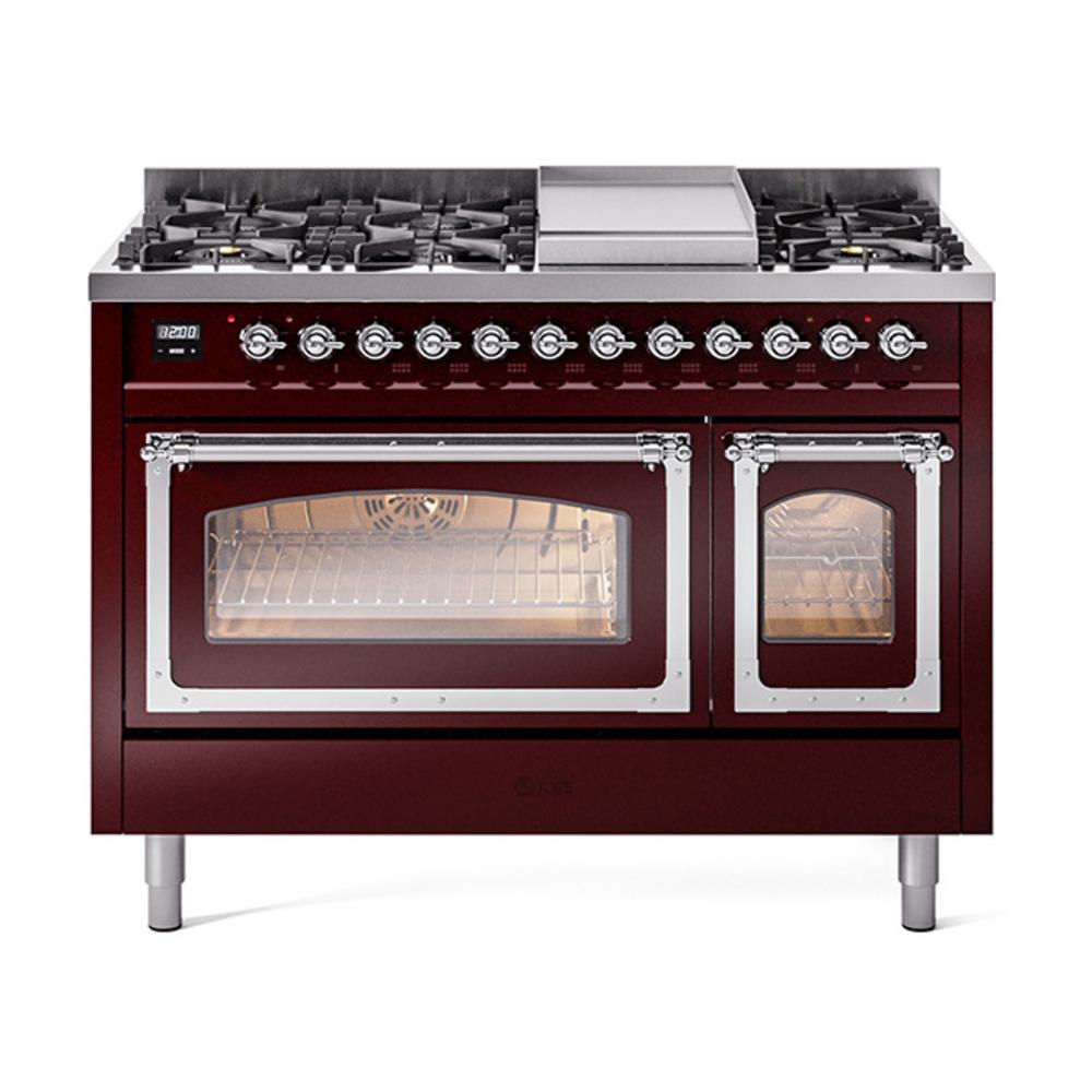 ILVE UN48FNMPBUCLP Nostalgie II Noblesse 48 inch Dual Fuel Range (8 Sealed Burners + Griddle, Liquid Propane, Triple Glass Door, Burgundy, Chrome)