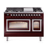 ILVE UN48FNMPBUCLP Nostalgie II Noblesse 48 inch Dual Fuel Range (8 Sealed Burners + Griddle, Liquid Propane, Triple Glass Door, Burgundy, Chrome)