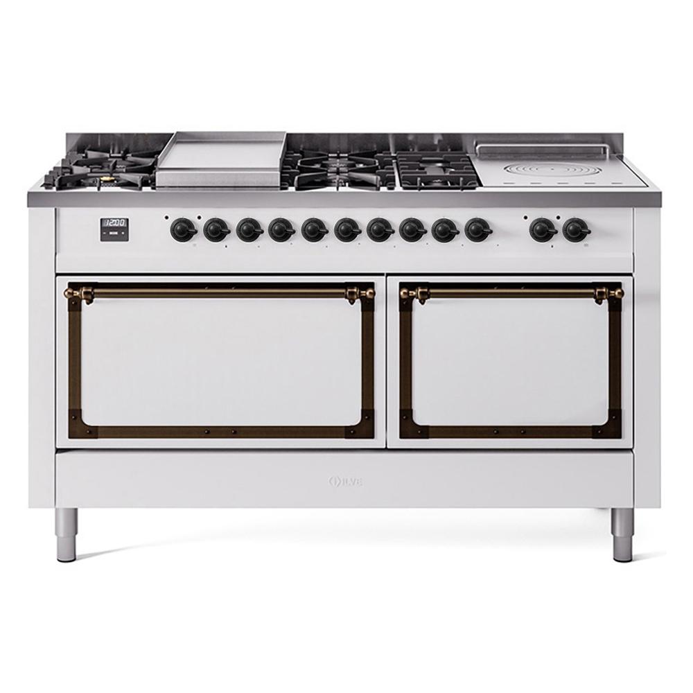 ILVE UN60FSQNMPWHB Nostalgie II Noblesse 60 inch Dual Fuel Range (7 Sealed Burners + Griddle + French Top, Natural Gas, Solid Door, White, Burnished)