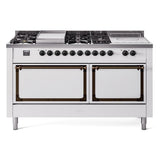 ILVE UN60FSQNMPWHB Nostalgie II Noblesse 60 inch Dual Fuel Range (7 Sealed Burners + Griddle + French Top, Natural Gas, Solid Door, White, Burnished)