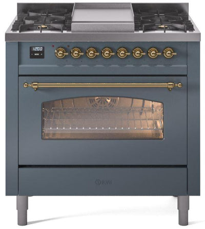Nostalgie II 36 Inch Dual Fuel Liquid Propane Freestanding Range in Blue Grey with Brass Trim