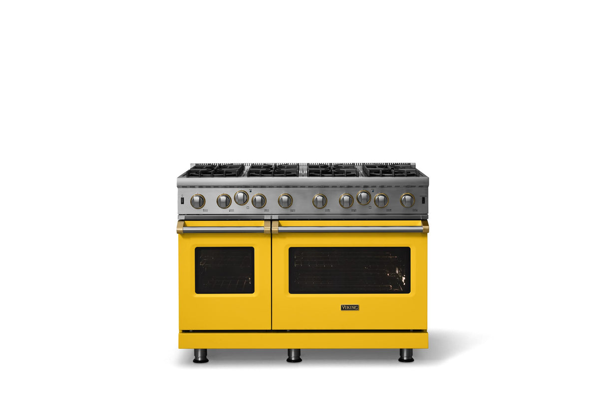 48"W. Open Burner Gas Range (Finish: Daffodil, Trim: Brushed Brass, Fuel: Propane)