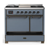 ILVE UMD40FQNR3BGBLP Majestic III 40 inch Dual Fuel Range with 6 Burners and Griddle, Dual Function Burner up to 25,000 BTU (Liquid Propane, Solid Door, Blue Grey, Burnished)
