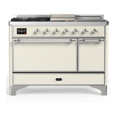 ILVE UM48FSQNR3AWC Majestic III 48 inch Dual Fuel Range with 5 Black Brass Burners, Griddle and French Top, Dual Function Burner up to 25,000 BTU (Natural Gas, Solid Door, Antique White, Chrome)