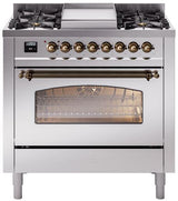 Nostalgie II 36 Inch Dual Fuel Liquid Propane Freestanding Range in Stainless Steel with Bronze Trim