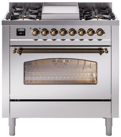 Nostalgie II 36 Inch Dual Fuel Liquid Propane Freestanding Range in Stainless Steel with Bronze Trim