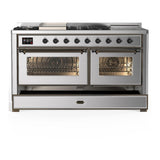 ILVE UM60FSNR3SSB Majestic III 60 inch Dual Fuel Range with 7 Burners, Griddle and French Top, Dual Function Burner with up to 25,000 BTU (Natural Gas, Triple Glass Door, Stainless Steel, Burnished)