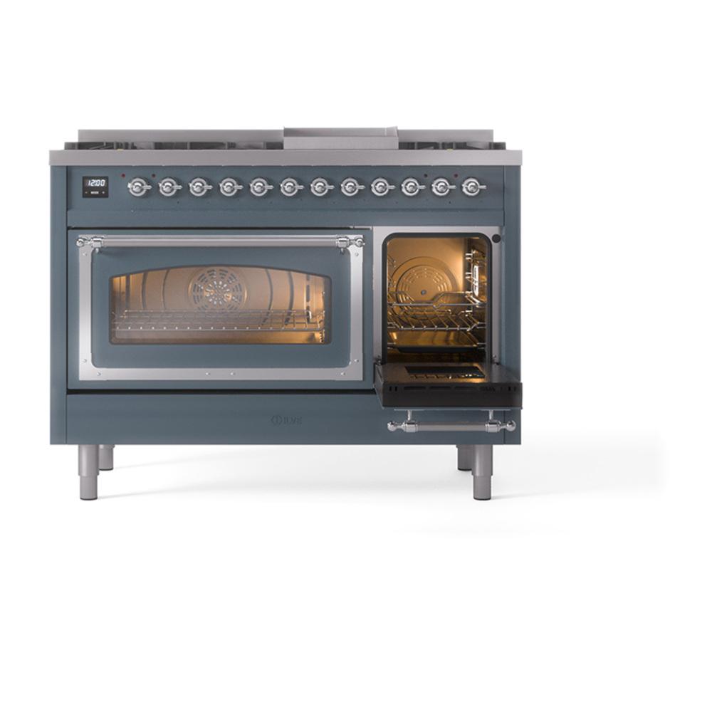 ILVE UN48FNMPBGCLP Nostalgie II Noblesse 48 inch Dual Fuel Range (8 Sealed Burners + Griddle, Liquid Propane, Triple Glass Door, Blue Grey, Chrome)
