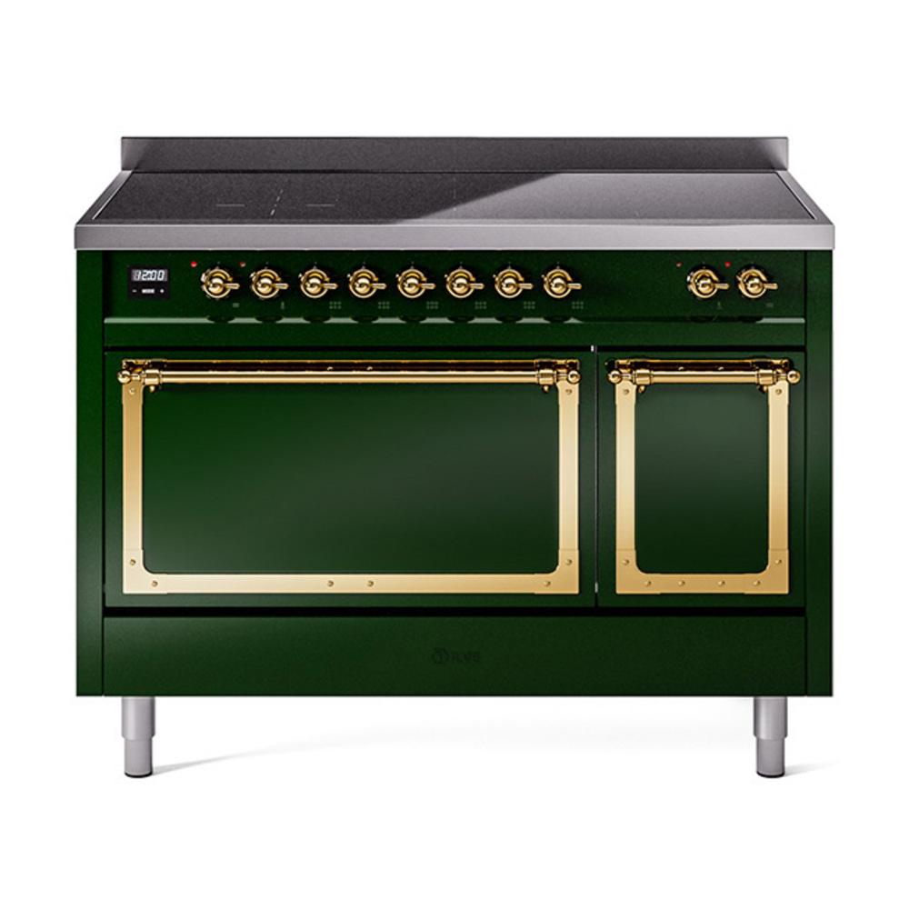 ILVE UNI486QNMPEGG Nostalgie II Noblesse 48 inch Induction Range (Solid Door, Emerald Green, Brass)