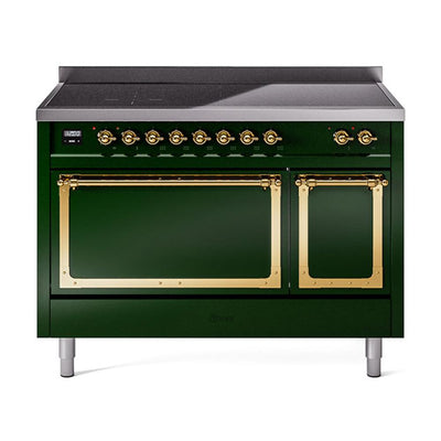 ILVE UNI486QNMPEGG Nostalgie II Noblesse 48 inch Induction Range (Solid Door, Emerald Green, Brass)