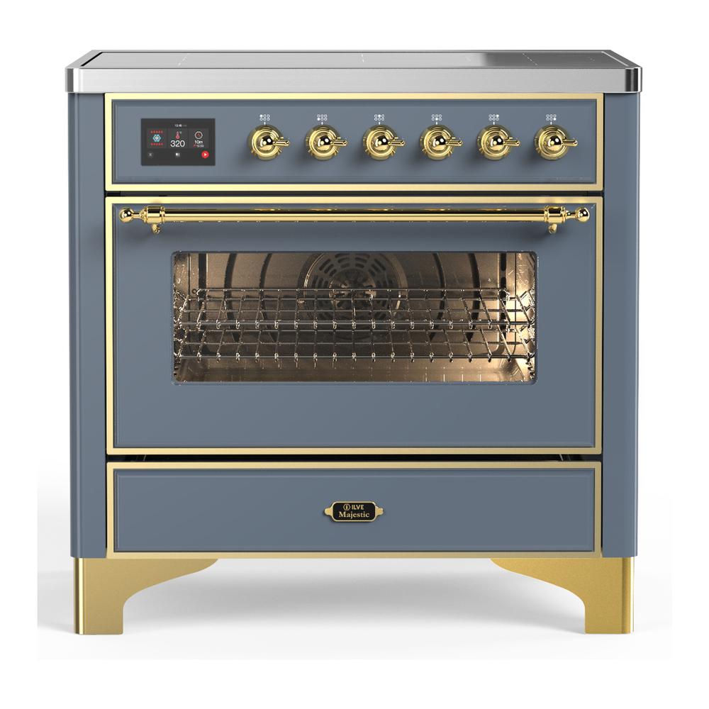 ILVE UMIB36NR3BGG Majestic III 36 inch Induction Range with 6 Elements, 3.5 cu. ft. Total Oven Capacity (Triple Glass Door, Blue Grey, Brass)
