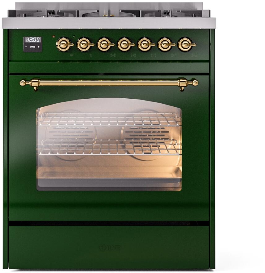 Nostalgie II 30 Inch Dual Fuel Natural Gas Freestanding Range in Emerald Green with Brass Trim