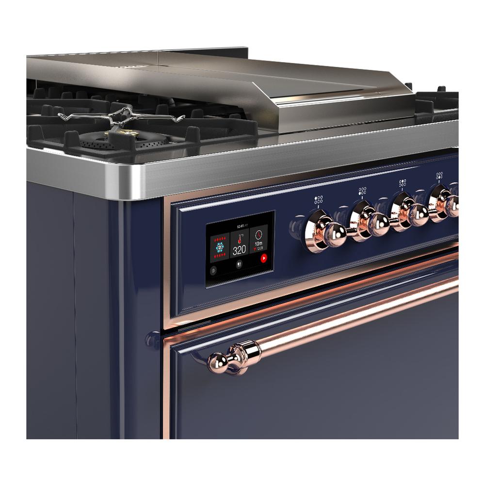 ILVE UM36FQNR3MBP Majestic III 36 inch Dual Fuel Range with 6 Black Brass Burners and Griddle, Dual Function Burner up to 25,000 BTU (Solid Door, Midnight Blue, Copper, Natural Gas)