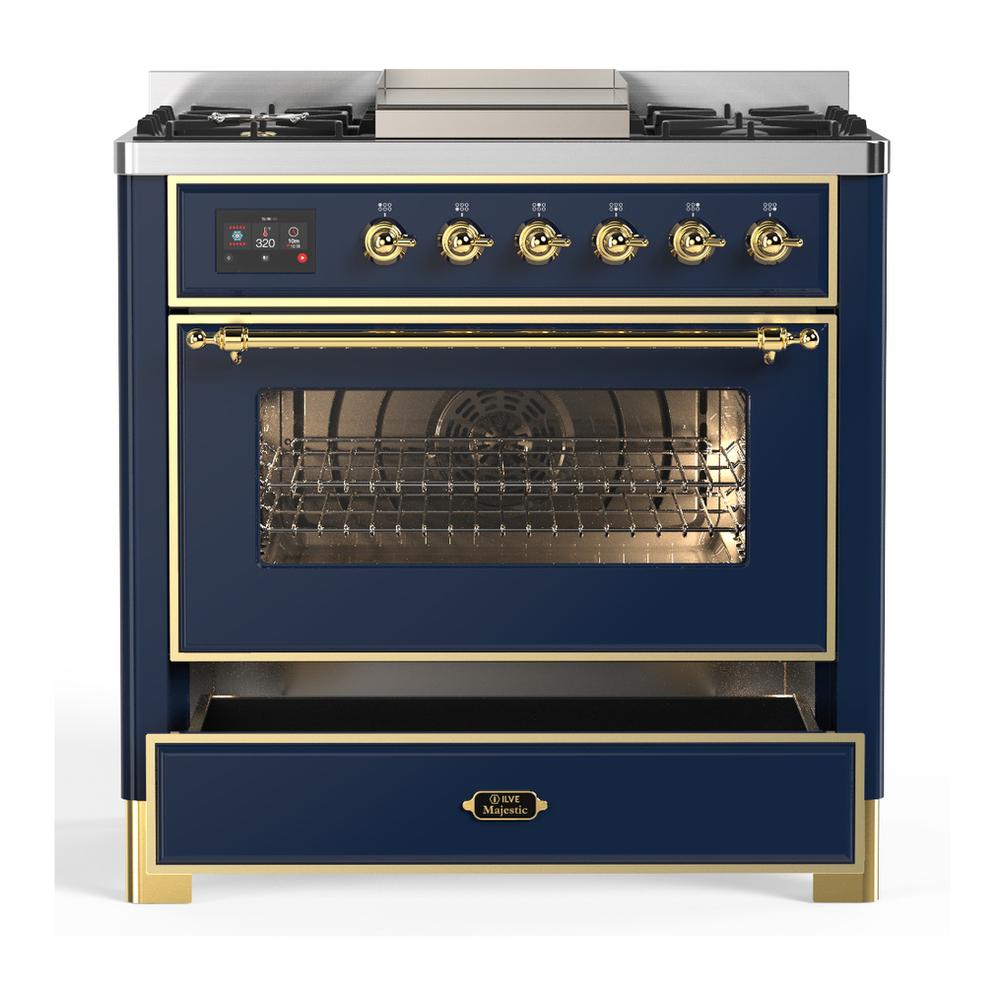 ILVE UM36FNR3MBG Majestic III 36 inch Dual Fuel Range with 6 Black Brass Burners and Griddle, Dual Function Burner up to 25,000 BTU (Triple Glass Door, Midnight Blue, Brass, Natural Gas)