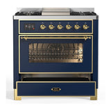 ILVE UM36FNR3MBG Majestic III 36 inch Dual Fuel Range with 6 Black Brass Burners and Griddle, Dual Function Burner up to 25,000 BTU (Triple Glass Door, Midnight Blue, Brass, Natural Gas)