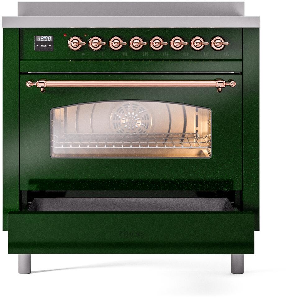 Nostalgie II 36 Inch Electric Freestanding Range in Emerald Green with Copper Trim